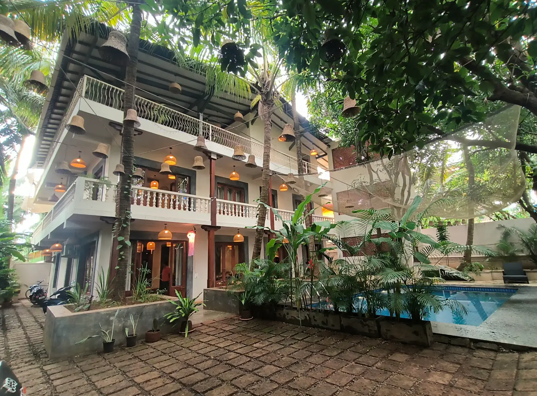 Courtyard view with hanging lanterns